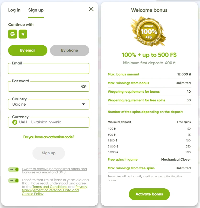 Reģistrēties Fresh casino